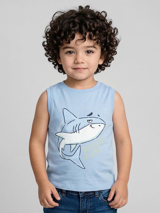 R&B Blue Graphic Print Boys Round Neck Regular Fit Sleeveless T-Shirt