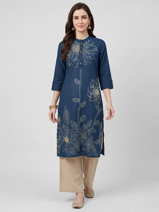 &B Navy Blue Printed Women Three-Quarter Sleeves Mandarin Collar Kurta