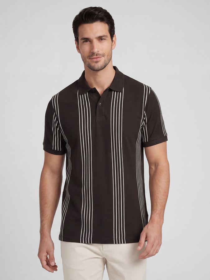 R&B Brown Striped Men Polo Collar Regular Fit Short Sleeves T-Shirt