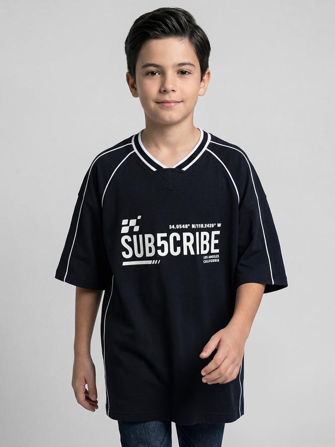 R&B Navy Blue Graphic Print Boys V-Neck Regular Fit Short Sleeves T-Shirt